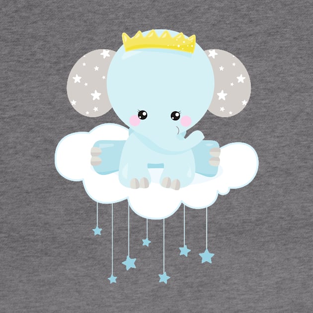 Cute Elephant, Elephant On A Cloud, Crown, Stars by Jelena Dunčević